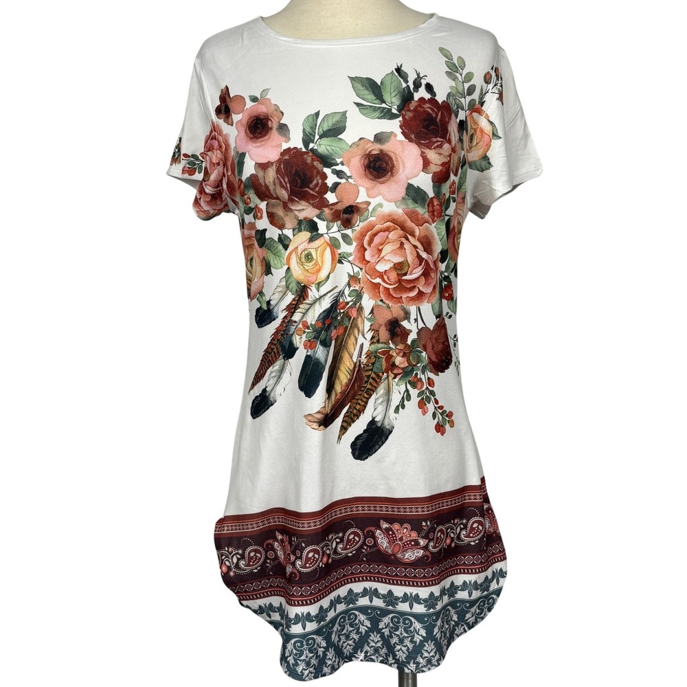 Dice Floral Tunic Top‎ Women Medium Boho Roses Feather Print Short Sleeve